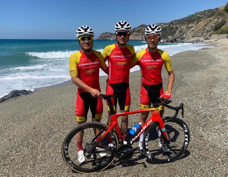 China Glory Cycling riders training near the beach in Alanya, Turkey